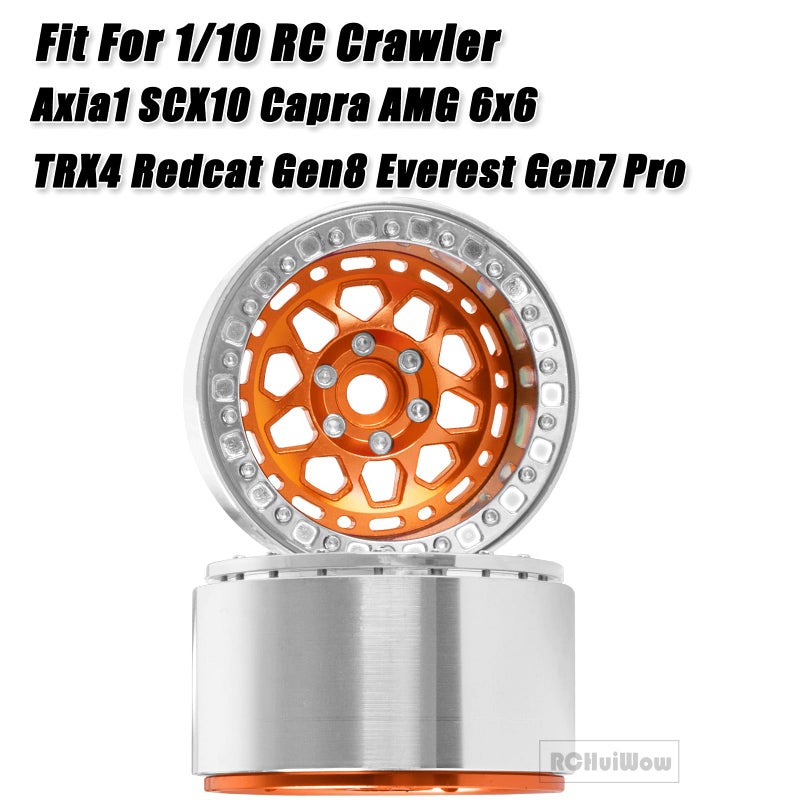 عجلات RCHuiWow 2.2 بوصة Beadlock RC لـ 1/10 RC Crawler Axia1 SCX10 Capra، AMG 6x6، TRX4، Redcat Gen8 Everest Gen7 Pro، عجلات RC من سبائك الألومنيوم 2.2 عجلات Beadlock 2.2 حواف Beadlock، 4 قطع، برتقالي - Image 2